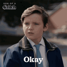 a boy in a suit and tie says okay in front of a sign that says son of a glitch