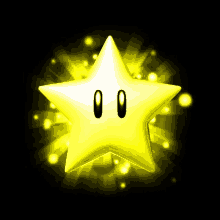 a yellow star with a black face and eyes