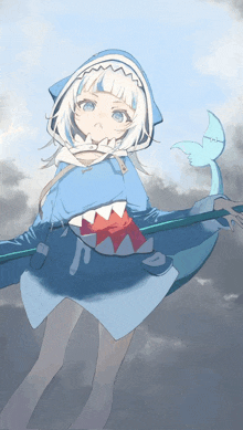 a drawing of a girl in a shark costume holding a stick