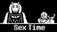 a pixel art of a woman and a skeleton with the words sex time written below them