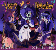 a cartoon drawing of a group of people celebrating halloween in 1980