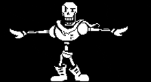 papyrus from undertale is a skeleton with his arms outstretched in a pixel art style .