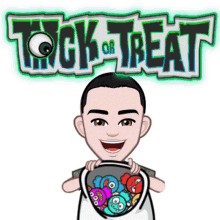 a cartoon of a man holding a bucket full of candy with the words trick or treat behind him