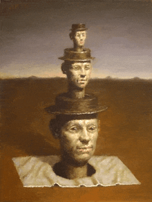 a painting of a man 's head with three hats on it