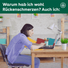 a woman sits at a desk using a laptop with the words warum hab ich wohl rückenschmerzen auch ich