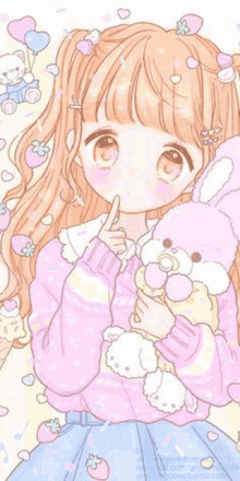 a cute anime girl is holding a teddy bear and a balloon in her hands .