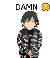 a picture of a boy wearing a jacket that says damn on it