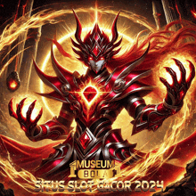 a poster for museum bola sirius slot gacor 2024 with a knight in red armor