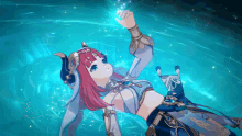 a girl with pink hair and horns is laying in the water