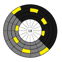 a black and yellow circle with the number 13 at the center