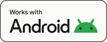 a button that says works with android with a green android face