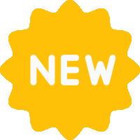 a yellow sticker with the word new in white letters