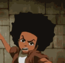 a cartoon character with an afro and a white shirt is standing in front of a brick wall .