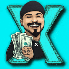 a cartoon of a man holding a bunch of money with a letter x behind him