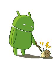 a cartoon illustration of an android holding a stick and a snail