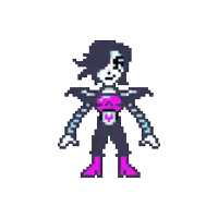 a pixel art drawing of a person in a purple and pink outfit .