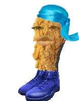 a fried chicken head with a blue headband and blue jordan shoes