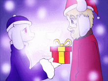 a cartoon drawing of a goat giving a gift to another goat wearing a santa hat