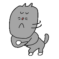 a cartoon drawing of a gray cat with a sad face