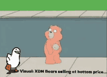 a cartoon of a bear standing next to a duck with the words visual xdn bears selling at bottom price