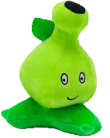 a green stuffed animal with a black spot on the head