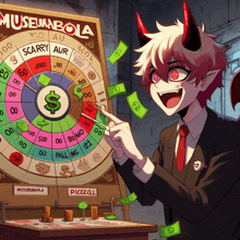 a cartoon of a devil playing a game called museum bola