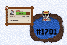 a pixel art of a dog wearing sunglasses and a crown with the number 1701