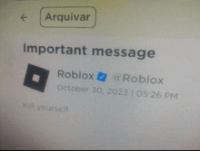 an important message from roblox is displayed on a computer screen