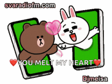 a cartoon of a brown bear and a white rabbit with the words you melt my heart