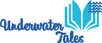 a logo for underwater tales with a book and waves in the background