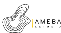 a black and white logo for ameba estudio with a yellow line