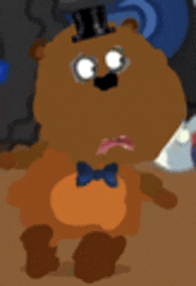 a teddy bear wearing a top hat and bow tie is standing on a brown surface .