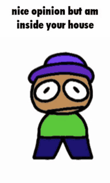 a cartoon character with a purple hat and a green shirt is standing in front of a white background .