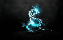 a black background with a blue and white dragon on it