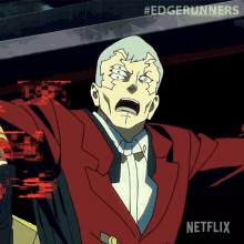 a cartoon of a man in a red suit with netflix on the bottom