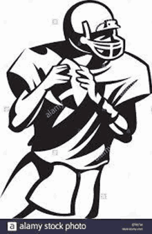 a black and white drawing of a football player in a helmet holding a football .