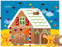 an illustration of a gingerbread house decorated with candy and gingerbread men