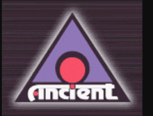 an ancient logo with a purple triangle and a red circle