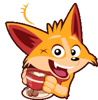 a cartoon of a fox holding a cup of coffee with a heart on it