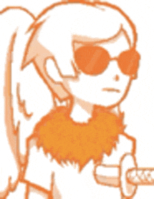 a cartoon of a girl wearing sunglasses and an orange scarf .