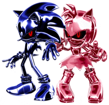 a blue sonic and a red amy are standing next to each other on a white background