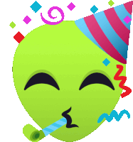 a green alien wearing a party hat is blowing a party horn