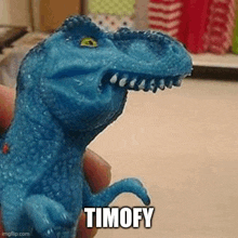 a person is holding a blue dinosaur toy with the word timofy on it .