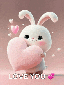 a bunny is holding a pink heart and the words love you are below it