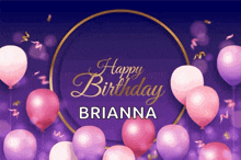 a happy birthday card for brianna with pink and purple balloons and confetti