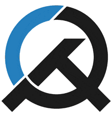 a black and blue logo with a hammer in the center