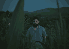 a man with a beard is standing in a field