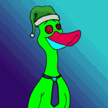 a green duck wearing a santa hat and a tie