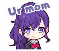 a cartoon girl with purple hair and the words ur mom above her head