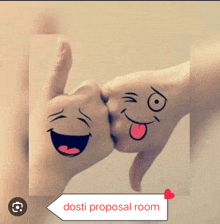 two hands with smiley faces drawn on them and the words dosti proposal room below